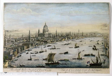 Die Südwestansicht von London von den Somerset Gardens, graviert von Thomas Bowles, veröffentlicht am 1. Mai 1750